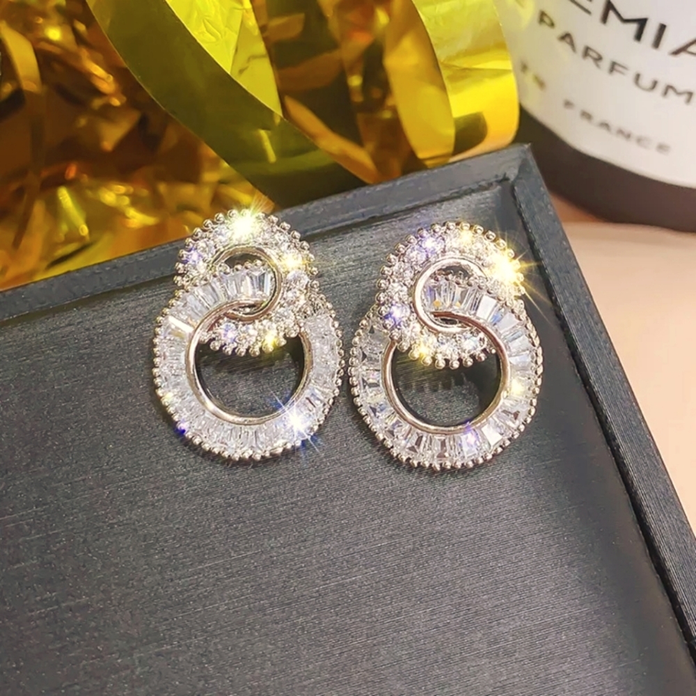 New Silver Bohoo Double Zircon Earrings